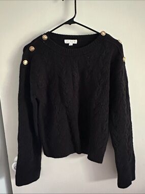 J. Crew Black Cable Knit Crewneck Sweater with Gold Shoulder Buttons